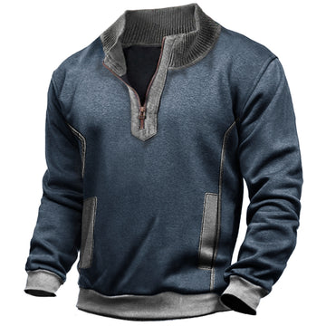 Men's Vintage Splicing Zip Stand Collar Scrimmage Sweatshirt